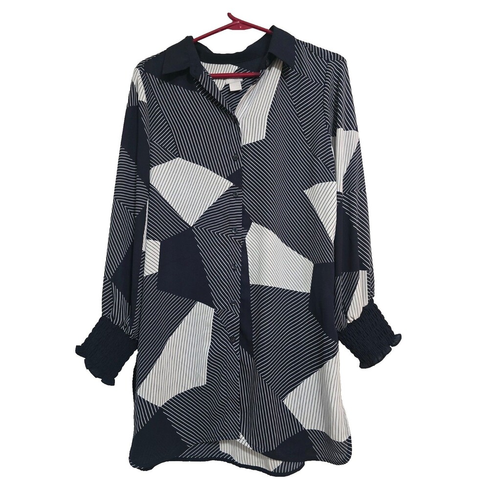 Chico's Sz 1 Medium Womens Tunic Top Blue White Geometric Print Button Up Blouse
